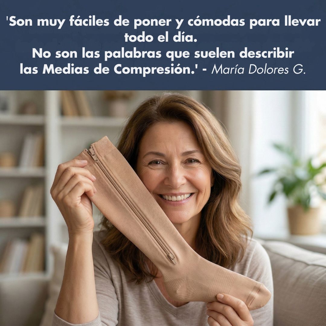 Mujer sosteniendo medias de compresión con cremallera color piel Venzipa — fáciles de poner y cómodas todo el día